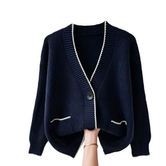 Long Sleeve V Neck Button Up Single Breasted Cardigan Navy