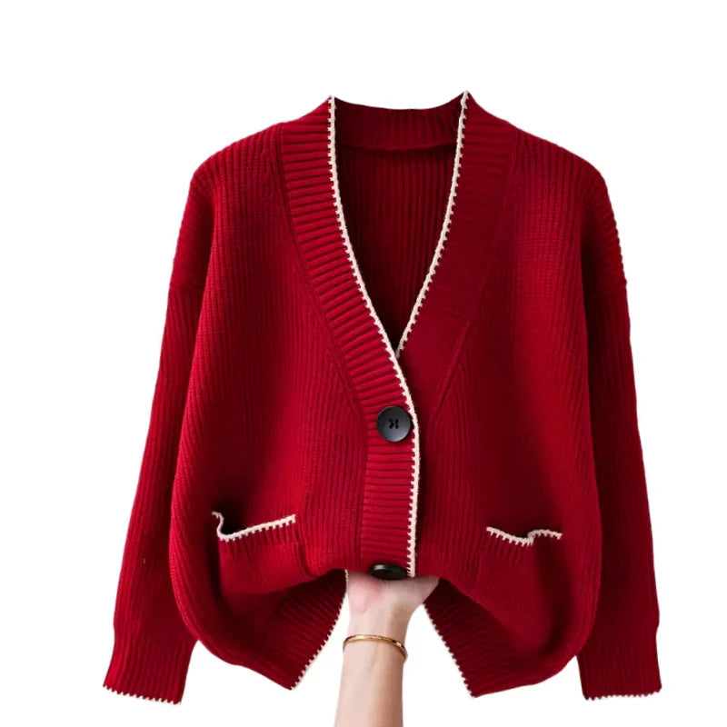 Long Sleeve V Neck Button Up Single Breasted Cardigan Red