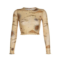 Long-Sleeved Kawai Mesh Top with Moon and Stars Design