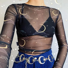 Long-Sleeved Kawai Mesh Top with Moon and Stars Design