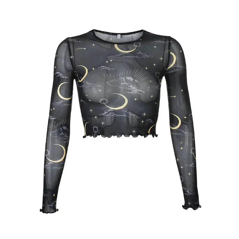 Long-Sleeved Kawai Mesh Top with Moon and Stars Design