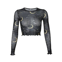 Long-Sleeved Kawai Mesh Top with Moon and Stars Design
