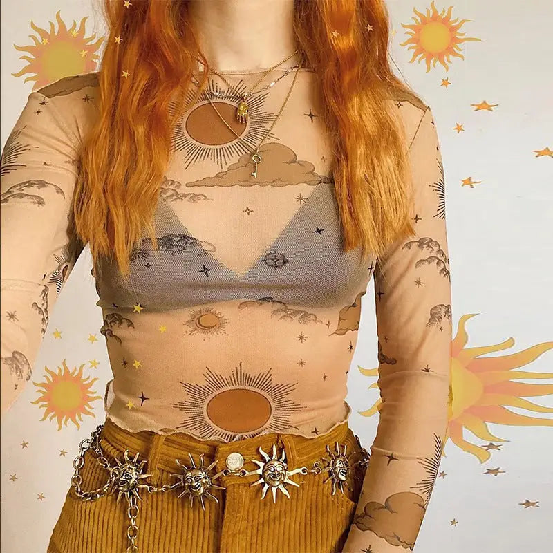 Long-Sleeved Kawai Mesh Top with Moon and Stars Design Sun