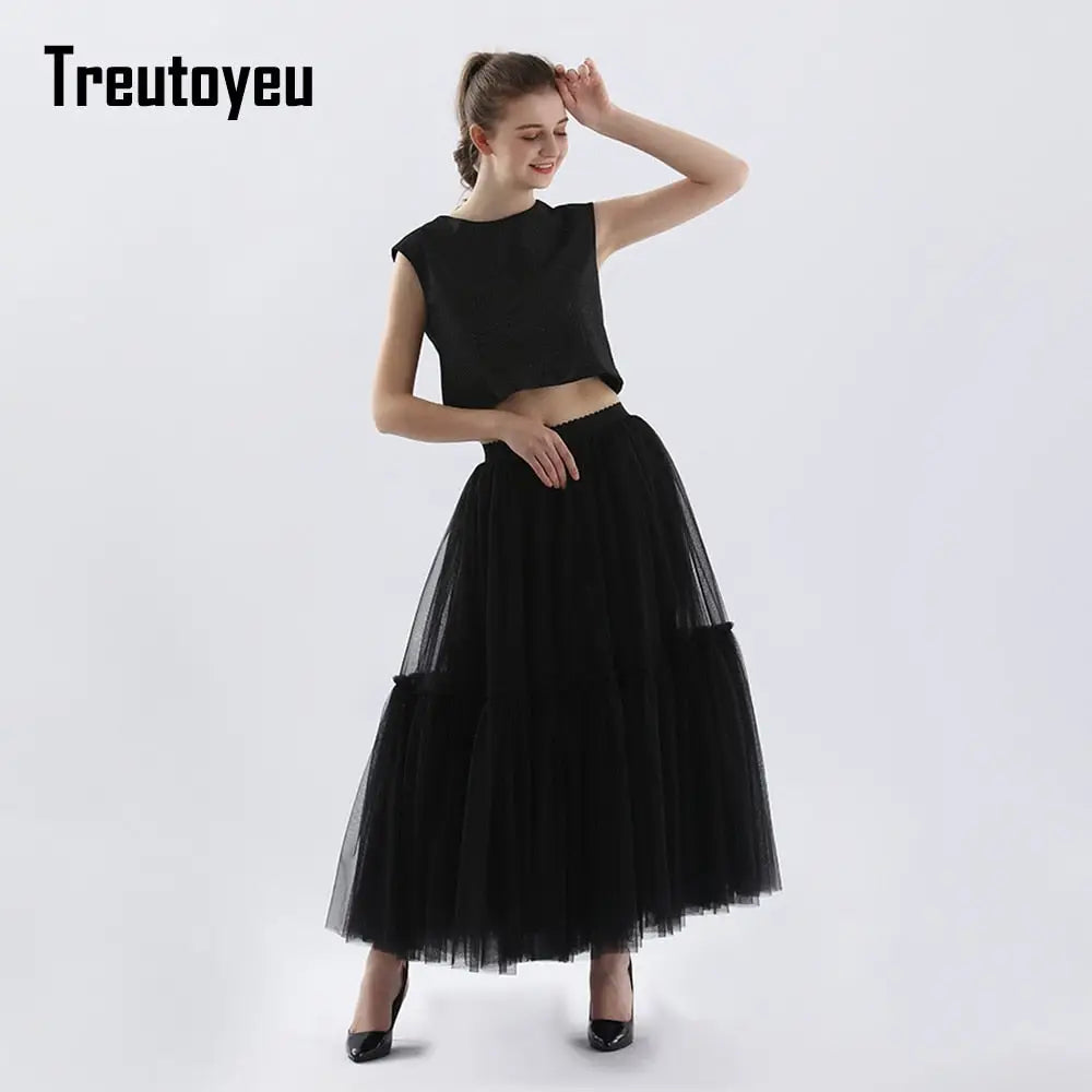 Long Tulle Black Pleated Skirt
