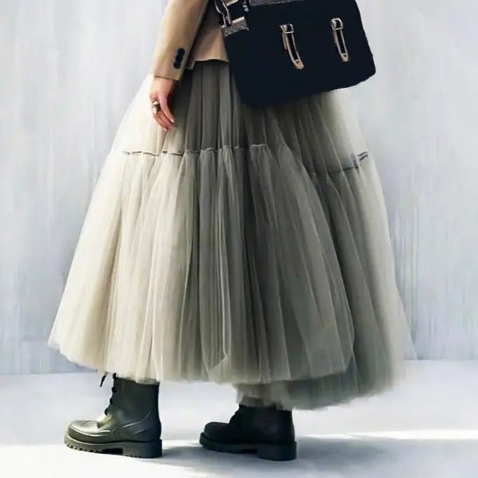 Long Tulle Black Pleated Skirt