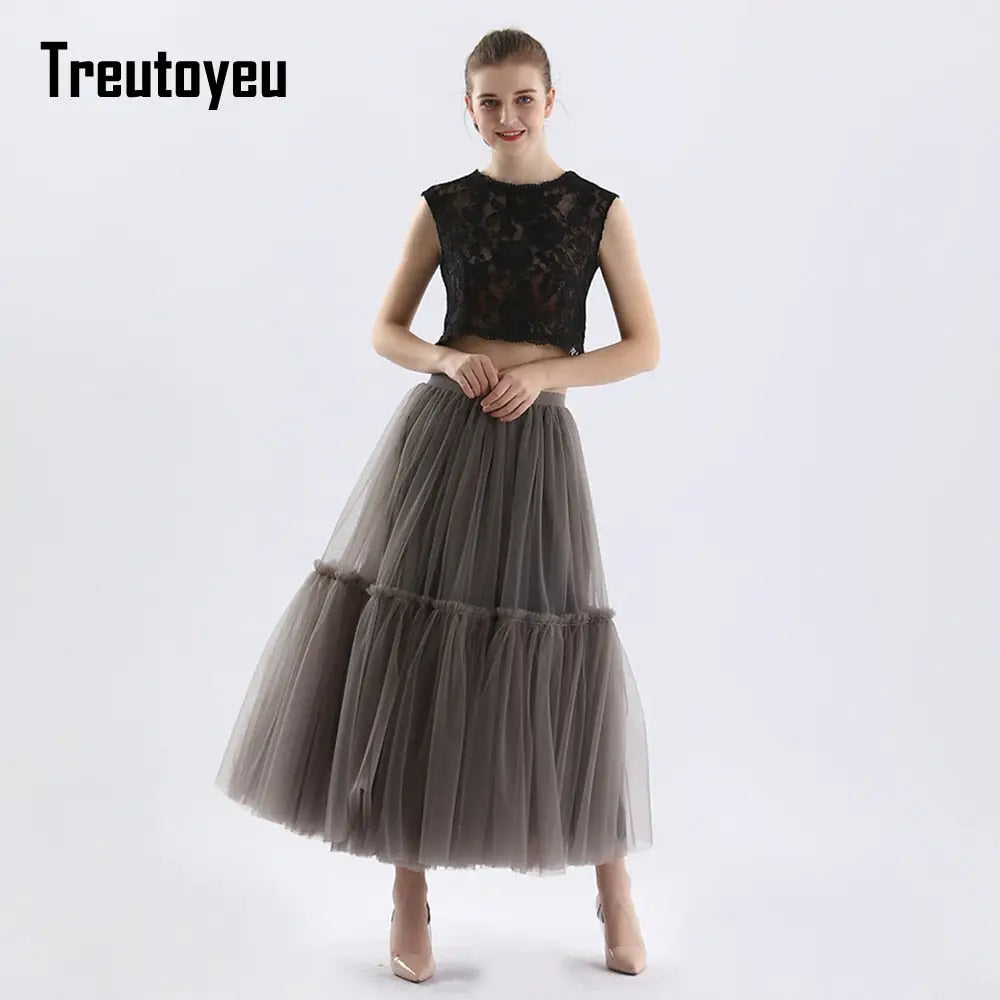 Long Tulle Black Pleated Skirt