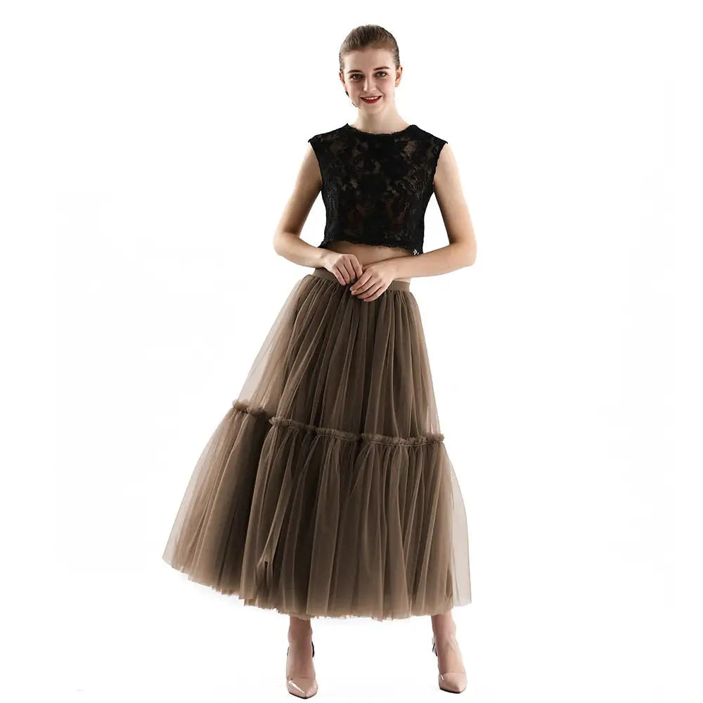 Long Tulle Black Pleated Skirt - Brown / One Size