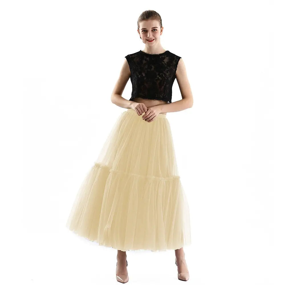 Long Tulle Black Pleated Skirt - Champagne / One Size