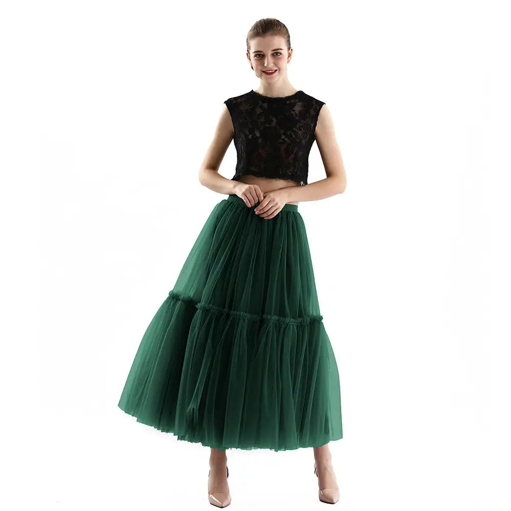 Long Tulle Black Pleated Skirt - Dark Green / One Size