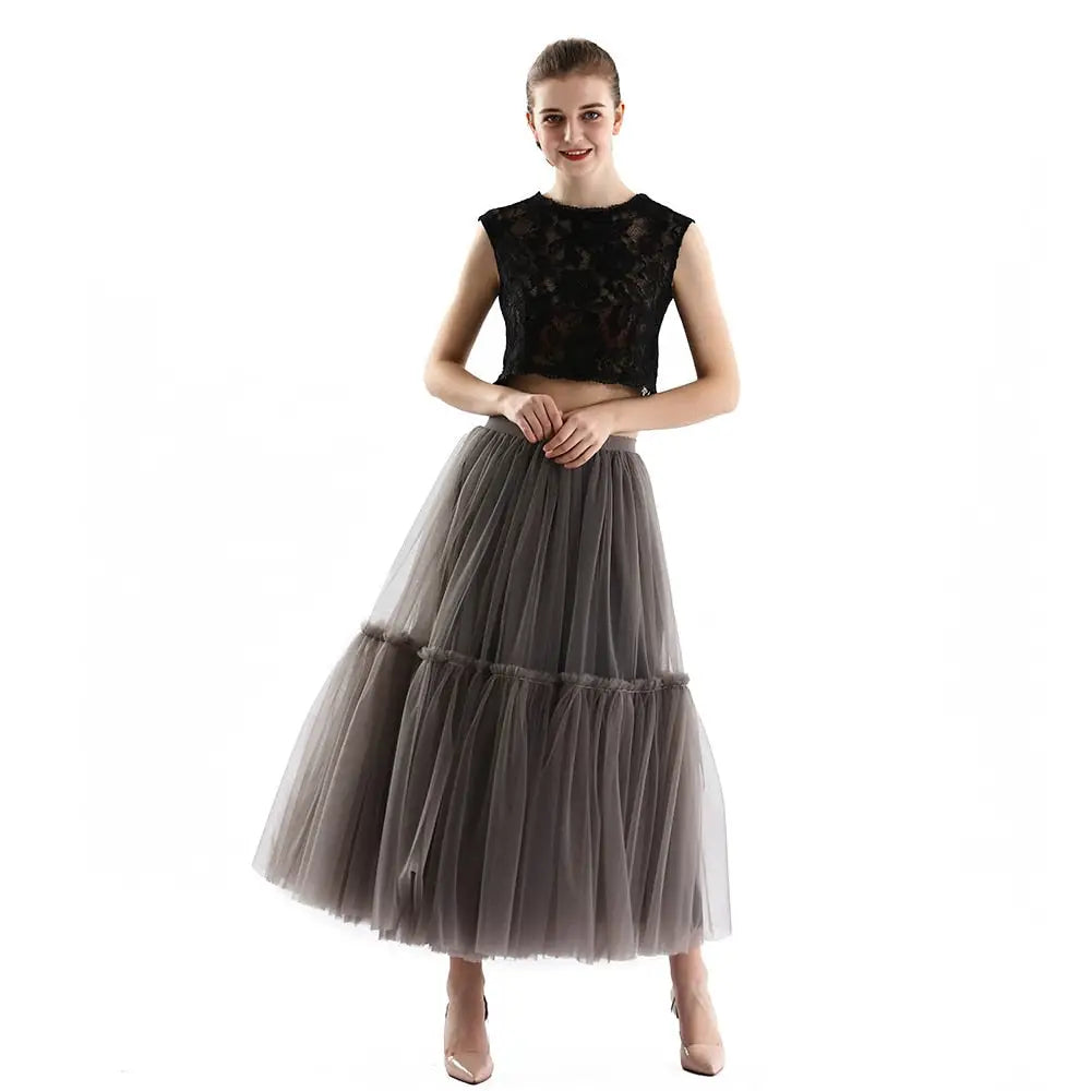 Long Tulle Black Pleated Skirt - Deep Grey / One Size