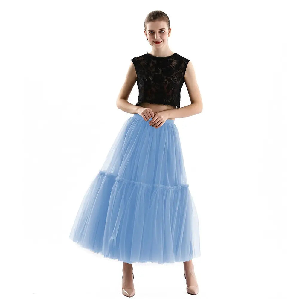 Long Tulle Black Pleated Skirt - Lake Blue / One Size
