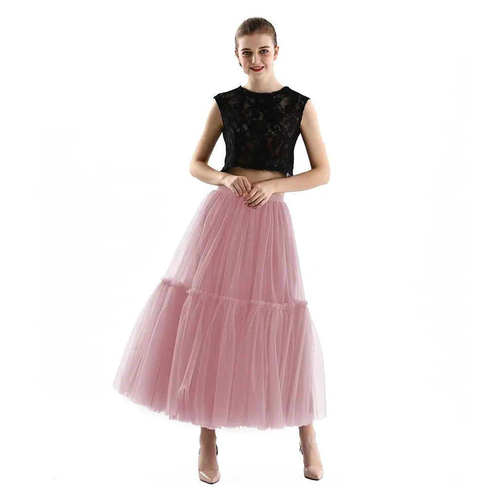 Long Tulle Black Pleated Skirt - Mauve / One Size