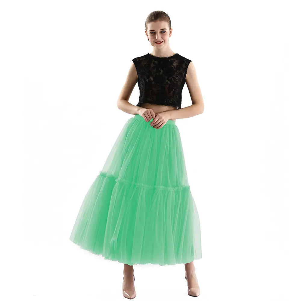 Long Tulle Black Pleated Skirt - Mint / One Size