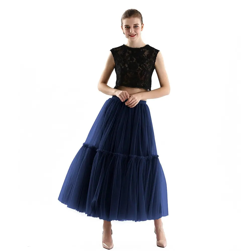 Long Tulle Black Pleated Skirt - Navy Blue / One Size