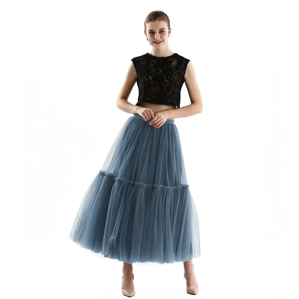 Long Tulle Black Pleated Skirt - Niagra / One Size