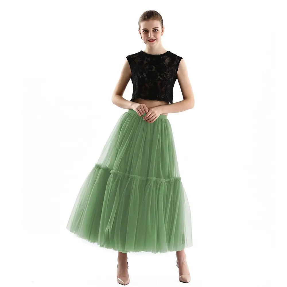 Long Tulle Black Pleated Skirt - Olive Green / One Size