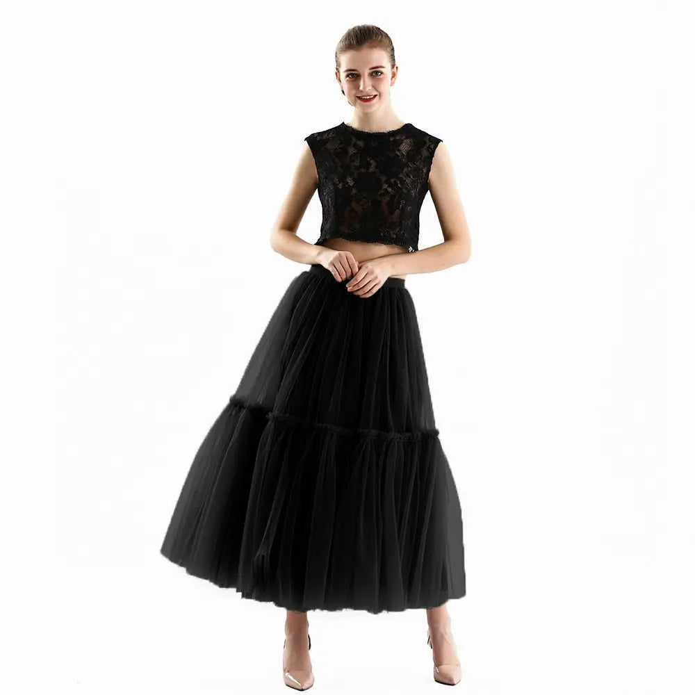 Long Tulle Black Pleated Skirt - One Size