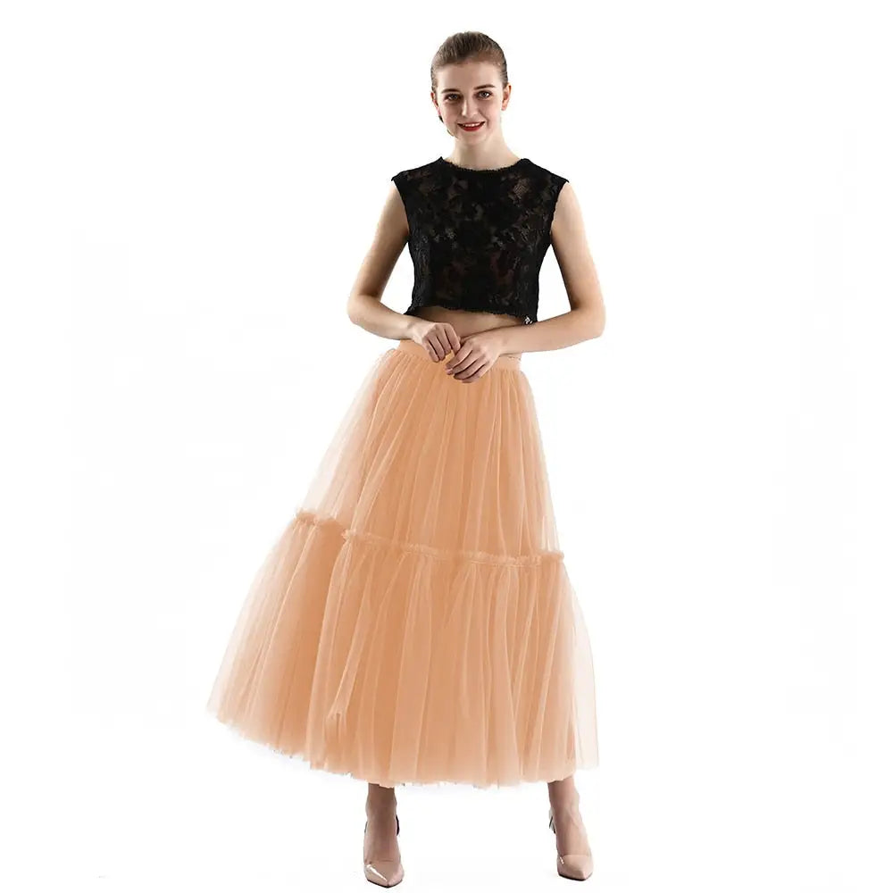 Long Tulle Black Pleated Skirt - Peach / One Size