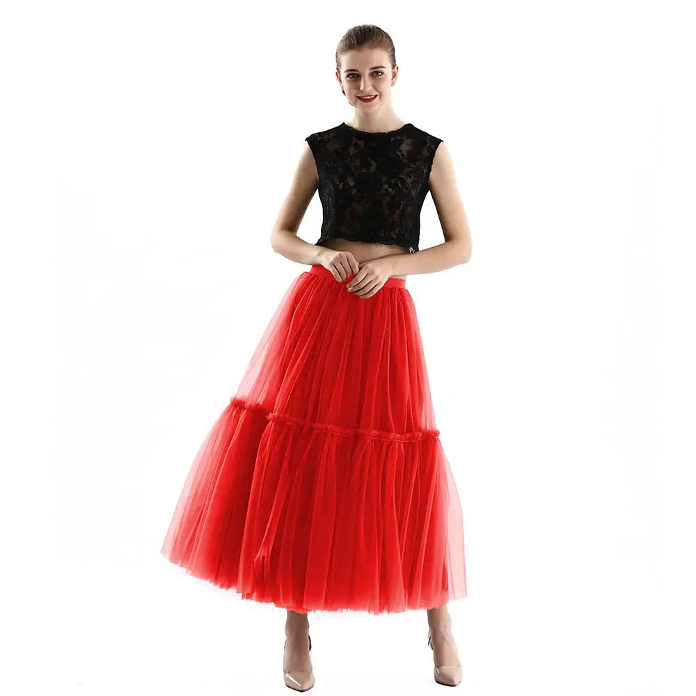Long Tulle Black Pleated Skirt - Red / One Size