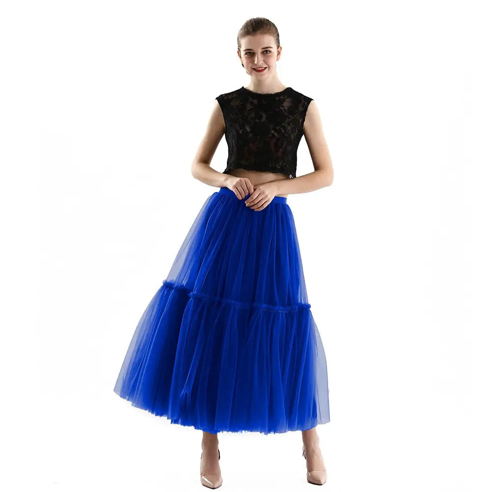 Long Tulle Black Pleated Skirt - Royal Blue / One Size