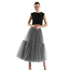 Long Tulle Black Pleated Skirt - Smoke Grey / One Size