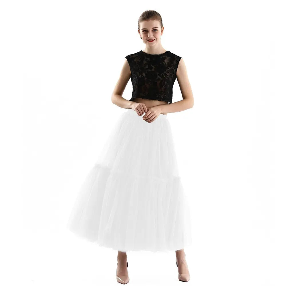 Long Tulle Black Pleated Skirt - White / One Size