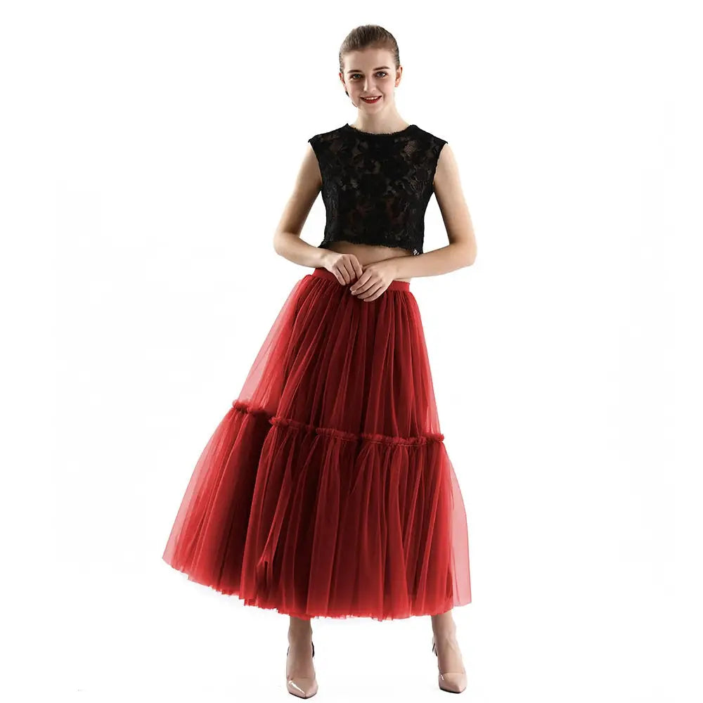 Long Tulle Black Pleated Skirt - Wine red / One Size