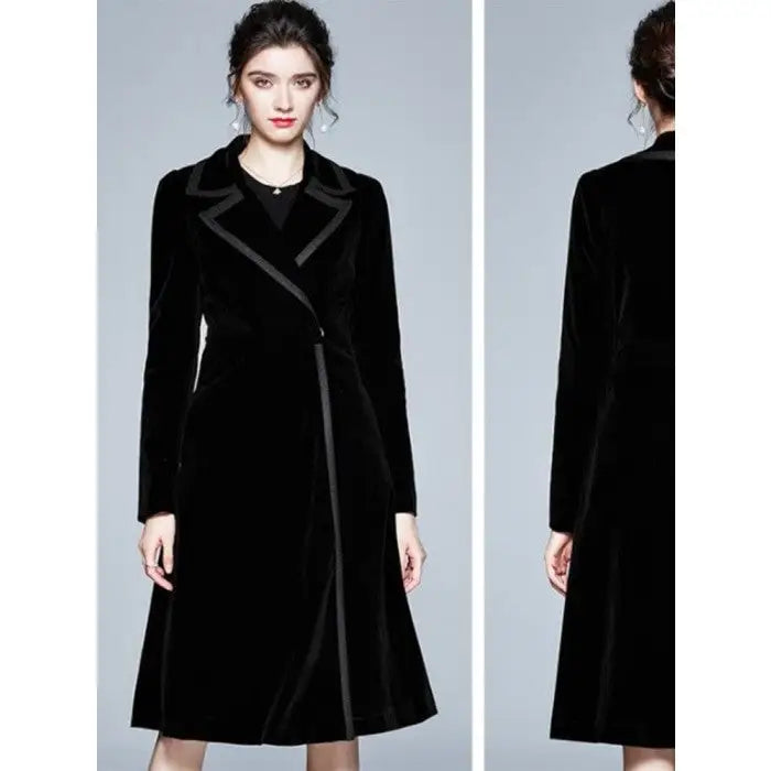 Long Velvet Warm Trench Coat for Cold Weather black short