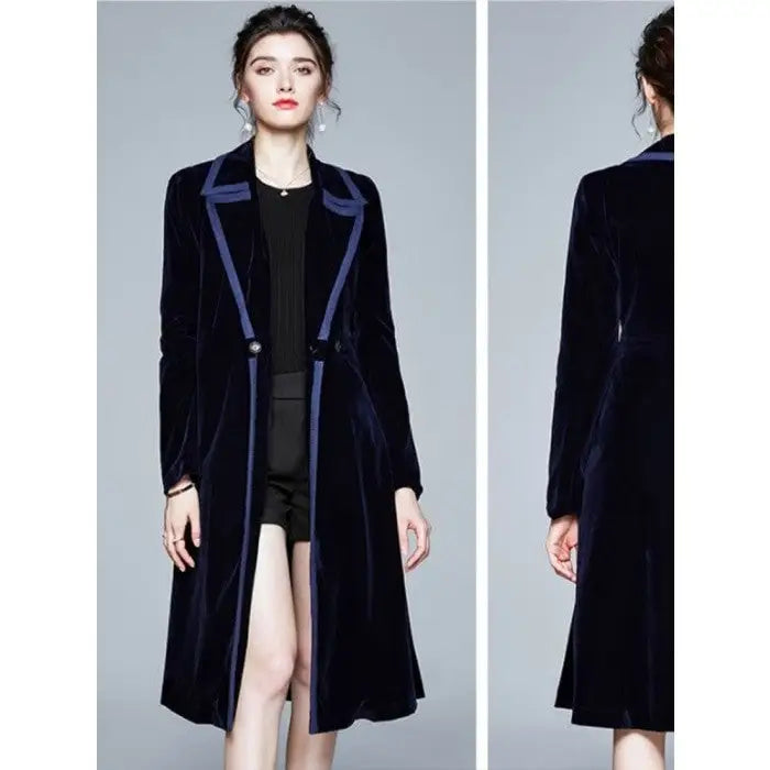 Long Velvet Warm Trench Coat for Cold Weather blue short