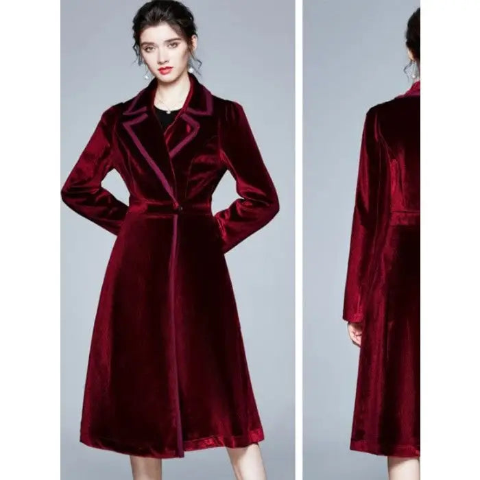 Long Velvet Warm Trench Coat for Cold Weather Burgundy