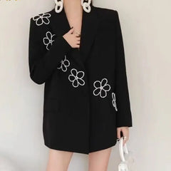 Loose Black Blazer Embellished With White Flowers