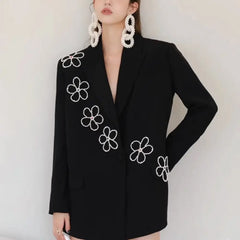 Loose Black Blazer Embellished With White Flowers