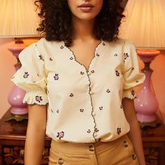 Loose Blouse with Flower Embroidery Short Sleeve