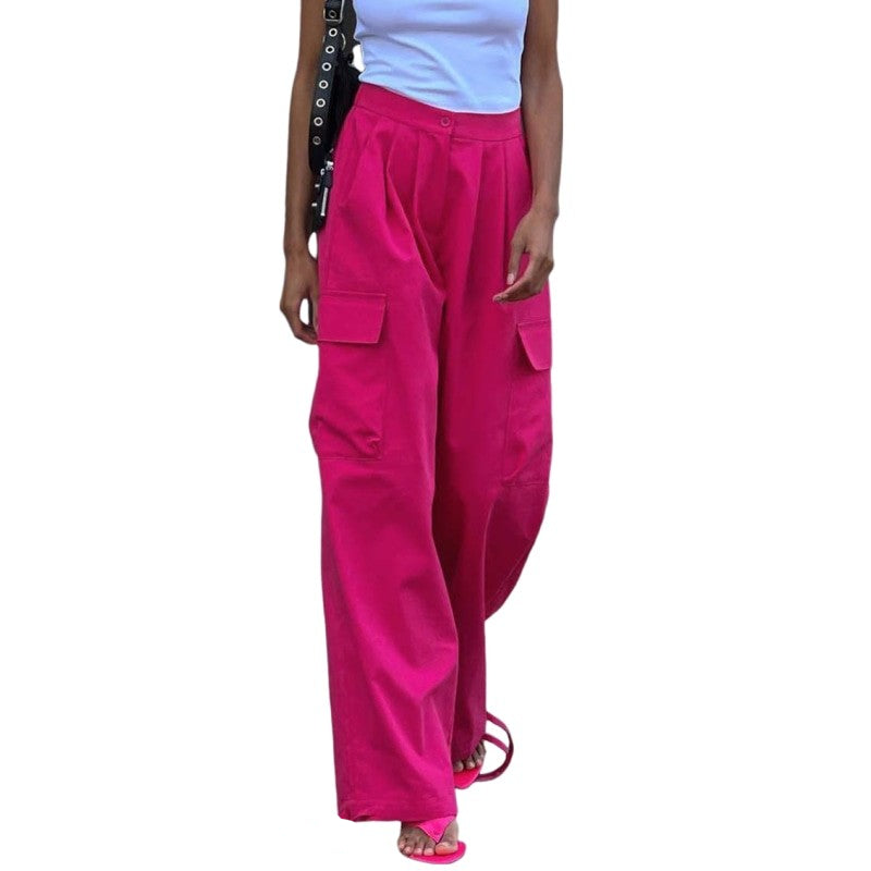 Loose Cargo High Waist Wide Trousers Pants - Pink / S