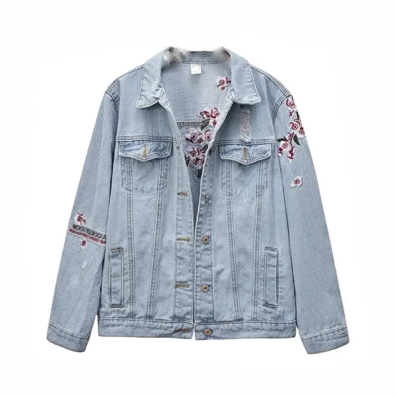 Loose Denim Jacket with Flowers and Pearls Design