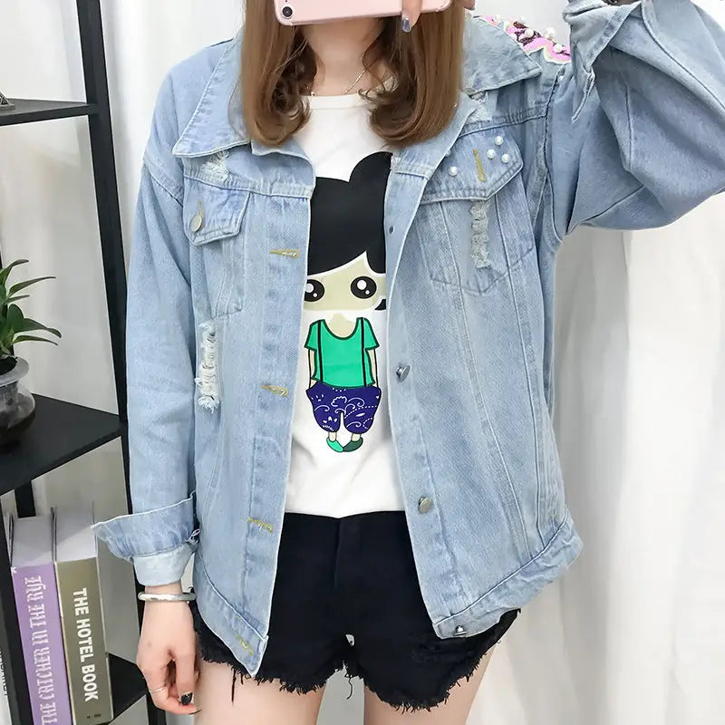 Loose Denim Jacket with Flowers and Pearls Design
