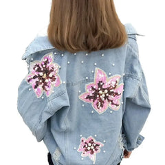 Loose Denim Jacket with Flowers and Pearls Design
