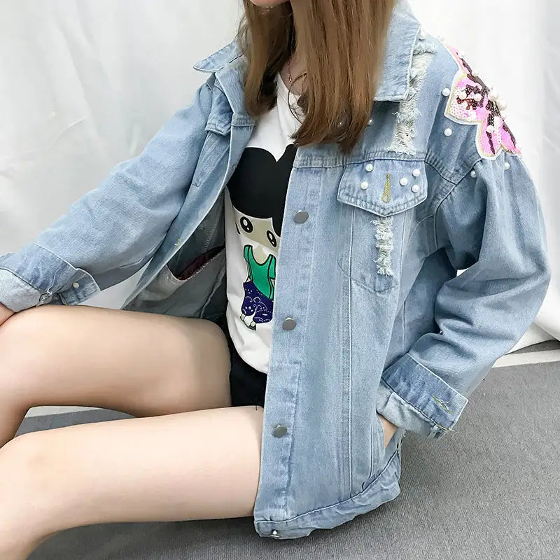 Loose Denim Jacket with Flowers and Pearls Design