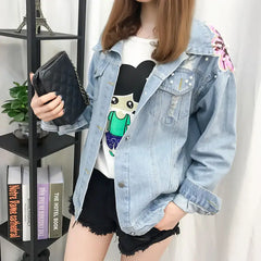 Loose Denim Jacket with Flowers and Pearls Design
