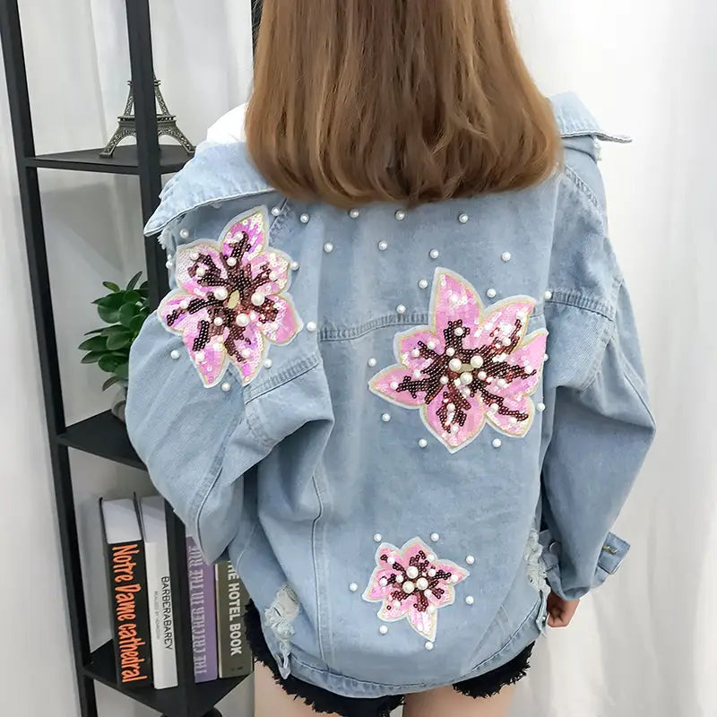 Loose Denim Jacket with Flowers and Pearls Design Light