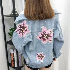 Loose Denim Jacket with Flowers and Pearls Design Light
