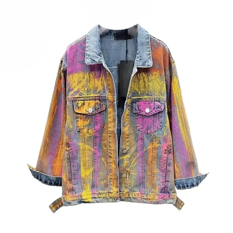 Loose Denim Jacket with Gradient Color Graffiti Design
