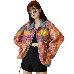 Loose Denim Jacket with Gradient Color Graffiti Design