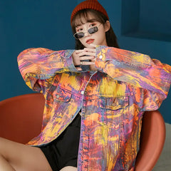 Loose Denim Jacket with Gradient Color Graffiti Design