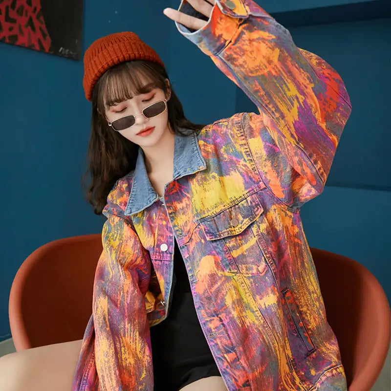 Loose Denim Jacket with Gradient Color Graffiti Design