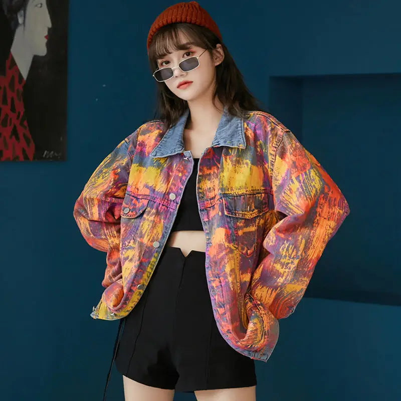 Loose Denim Jacket with Gradient Color Graffiti Design