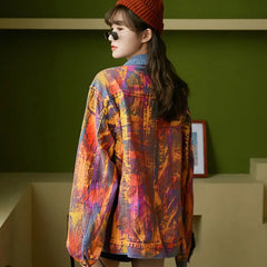 Loose Denim Jacket with Gradient Color Graffiti Design