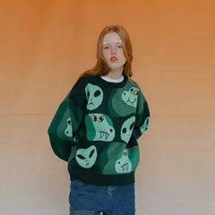 Loose Fit Green Cartoon Sweater for Everyday Wear / One Size