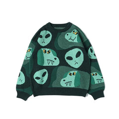 Loose Fit Green Cartoon Sweater for Everyday Wear / One Size