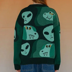 Loose Fit Green Cartoon Sweater for Everyday Wear / One Size